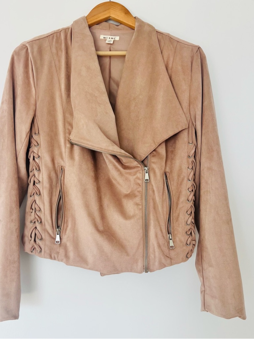 Chic miami Blush Faux Suede Lace-Up Moto Spring Jacket